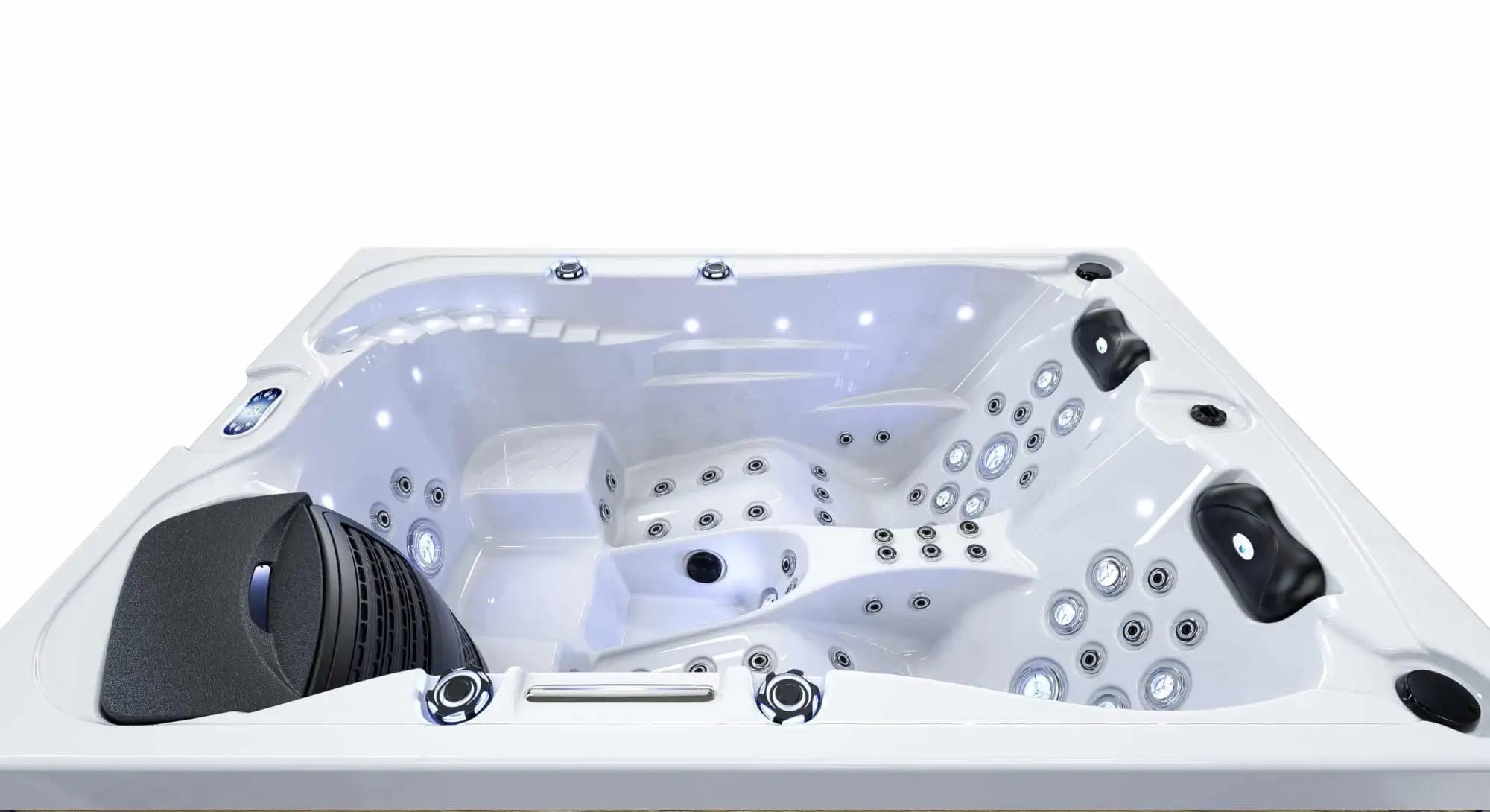 Baignoire à remous blanche avec jets noirs et un design élégant et moderne.