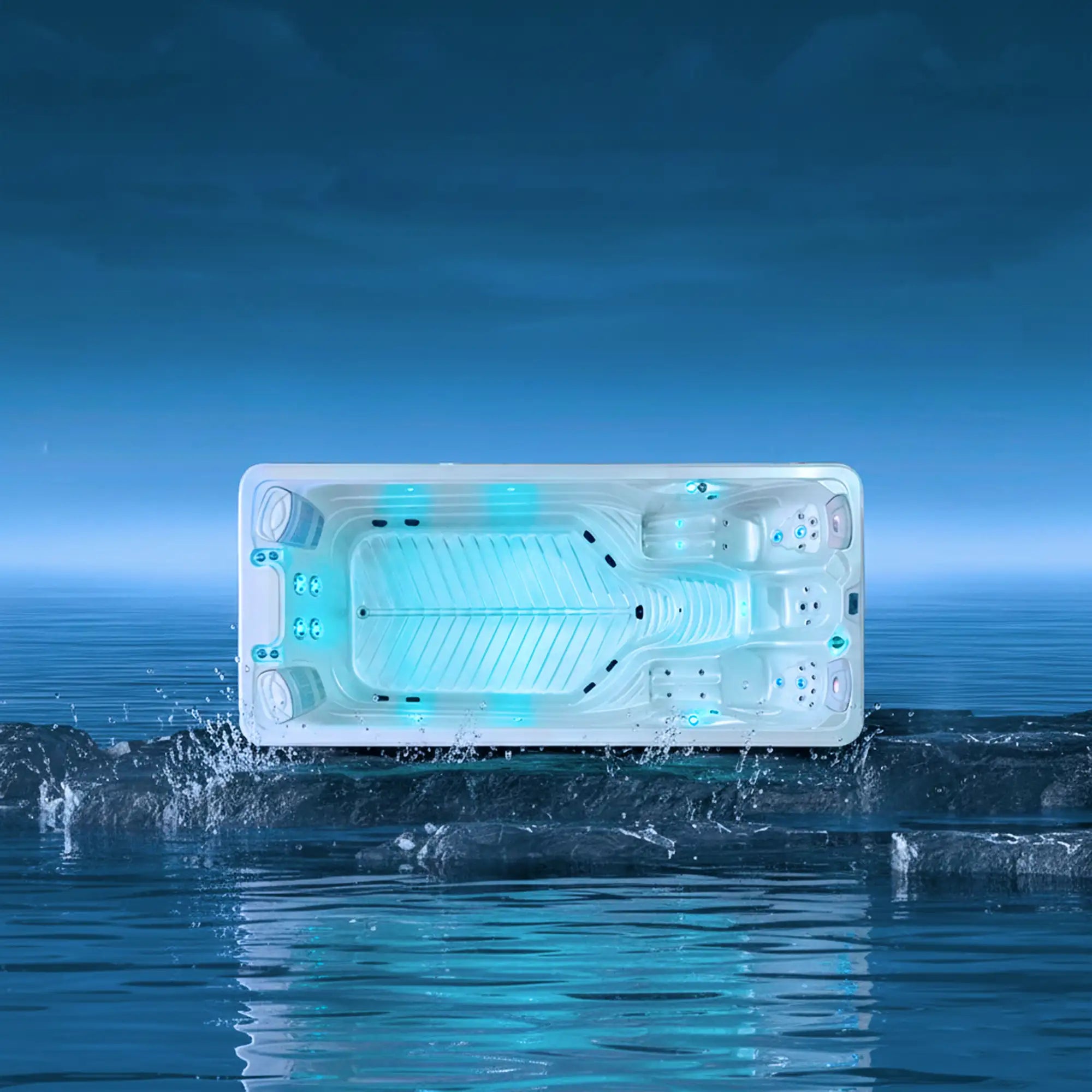 Baignoire d'hydrothérapie rectangulaire blanche avec éclairage interne bleu et plusieurs zones d'assise.