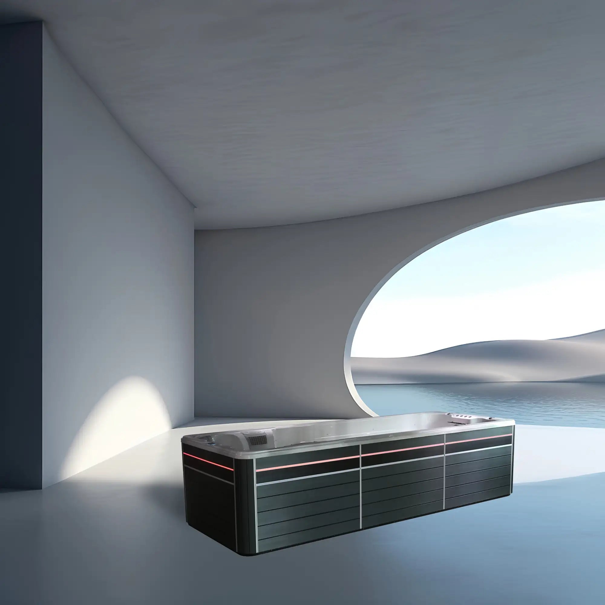 Bain à remous moderne noir et argent avec accents d'éclairage LED rouge.