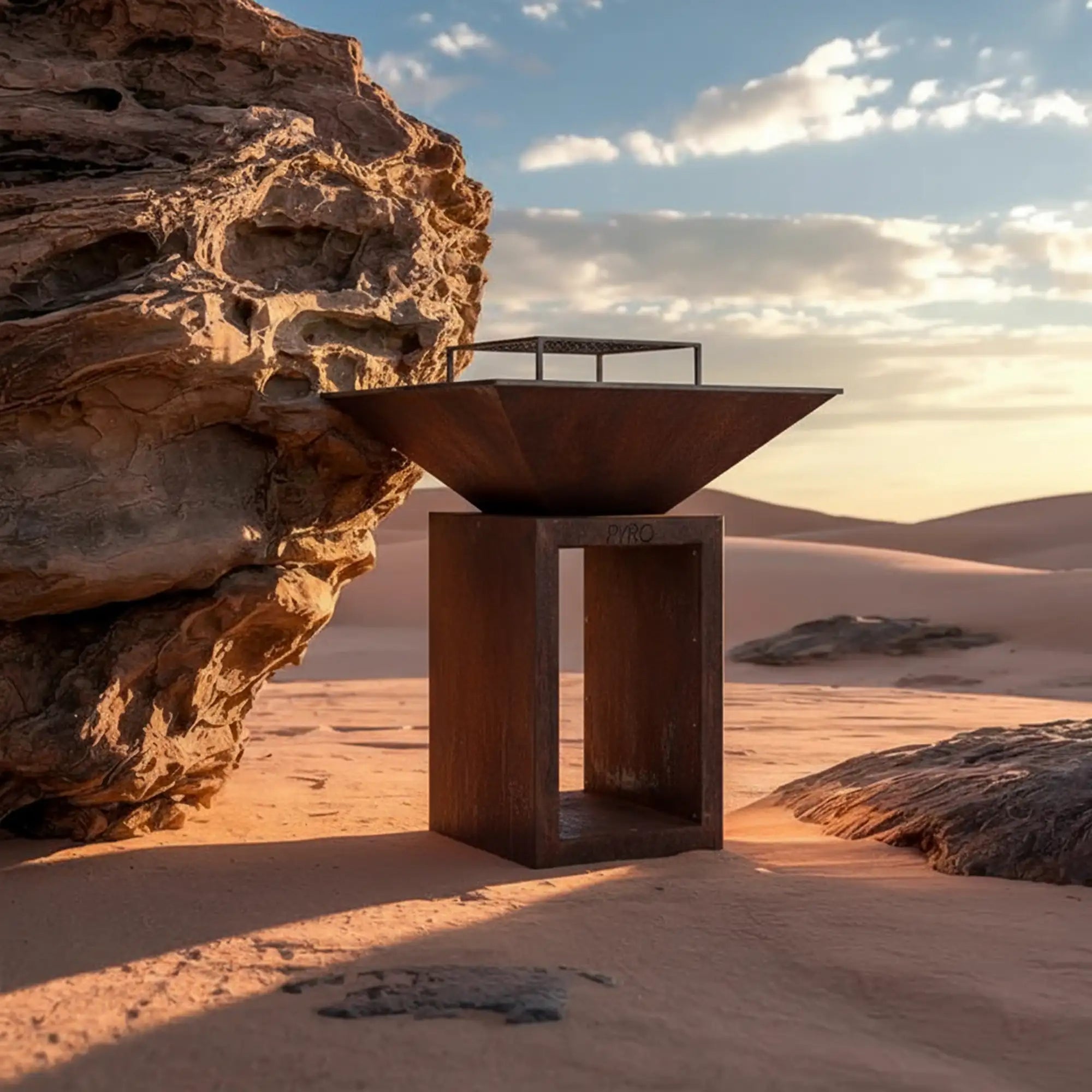 Foyer de feu en acier brun rouillé avec une base carrée et un haut en forme de bol peu profond, arborant le nom de marque « pyro » gravé sur son côté.