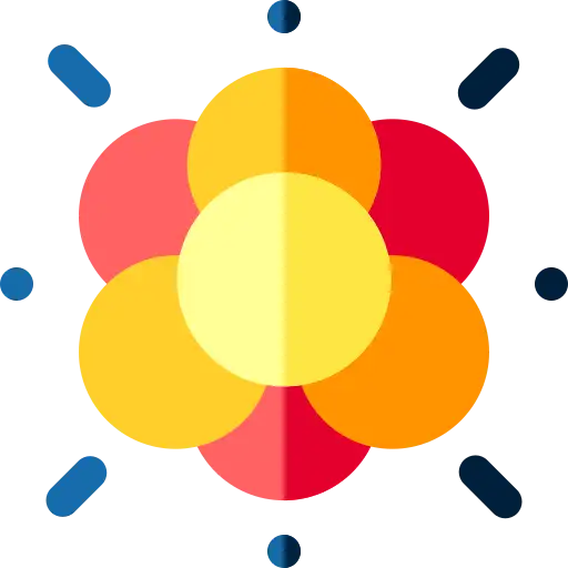 Graphique floral stylisé vibrant avec des pétales superposés en nuances de jaune, orange et rouge sur un fond noir.