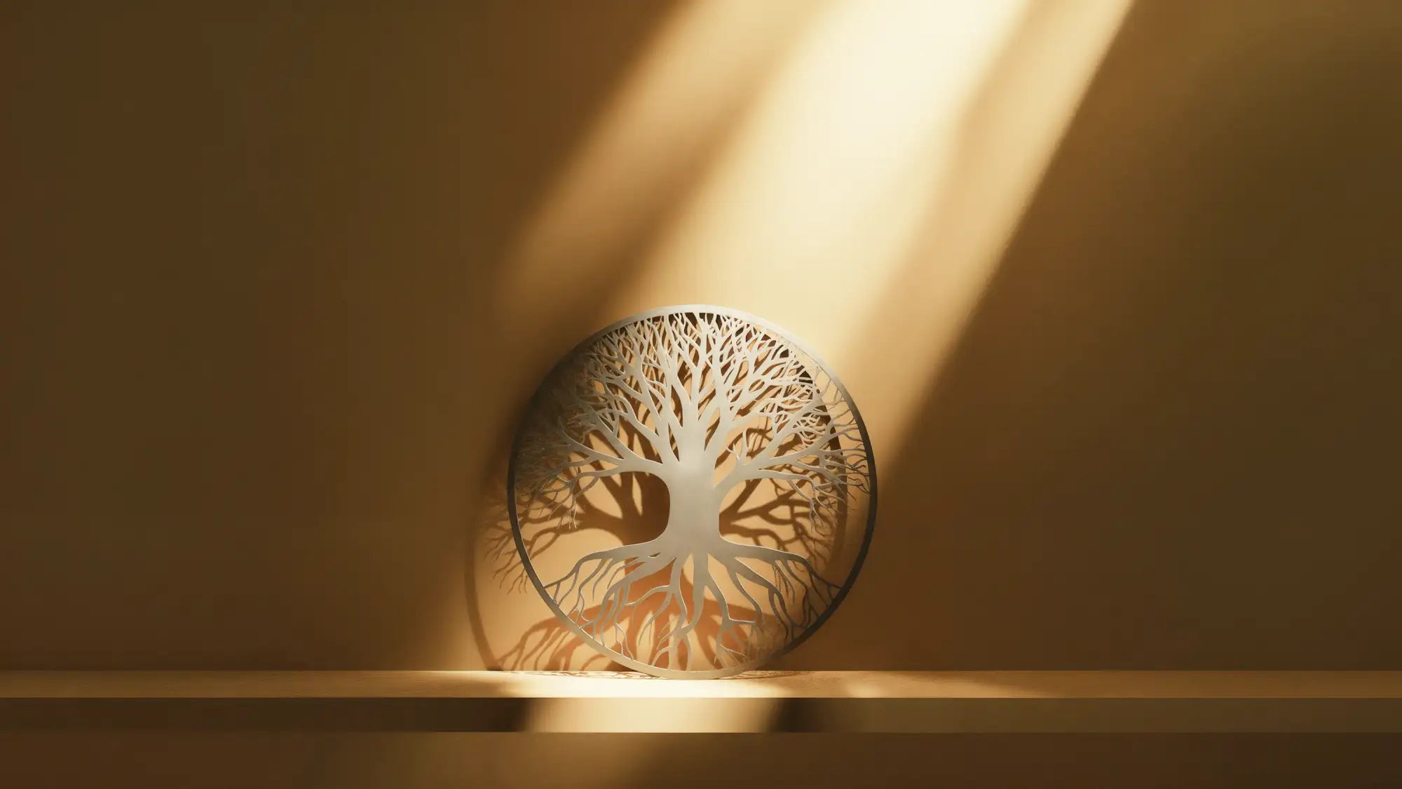 Un ornement circulaire en papier découpé blanc représentant l'arbre de vie avec des branches et des racines intricées.