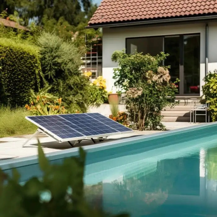 Panneau solaire bleu avec un cadre blanc, reposant sur un support à côté d'une piscine.