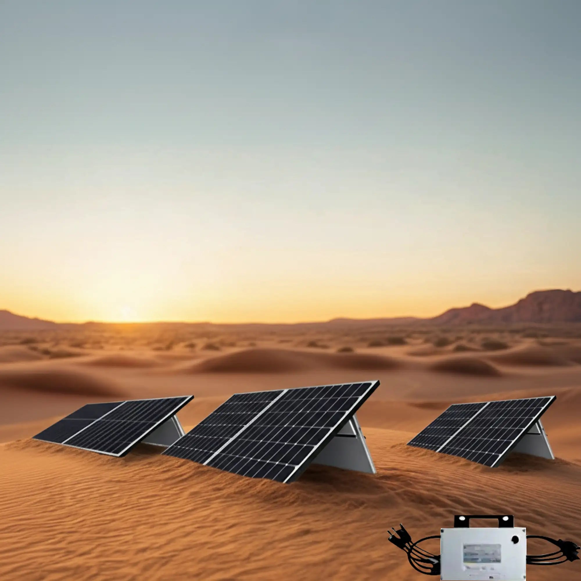 Trois panneaux solaires noirs à cadres argentés sont inclinés sur des dunes de sable, accompagnés d'une unité onduleur blanc.